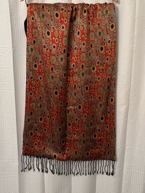 Fox & Chave Gustav Klimt 100% Silk Scarf Shawl Red Circle Pattern 70x20 Fringe